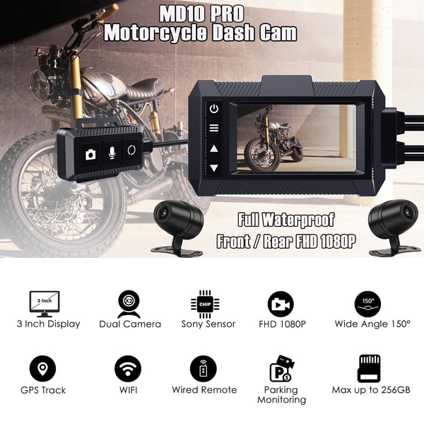 ydi Motorbike Dash Cam, New Upgraded Motorcycle Waterproof Camera 3'' LCD Front and Rear Camera FHD 1080P Wide Angle 150° with Built-in GPS, Wi-Fi, Wired Control, Max up to 256GB