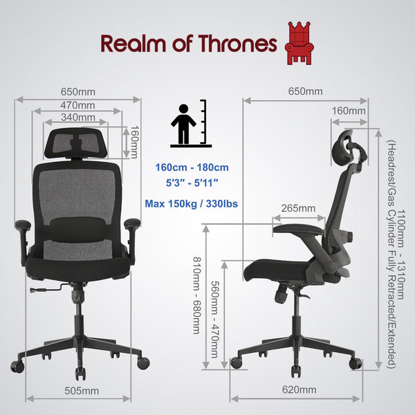 Realm of Thrones CAPTAIN Ergonomic Office Chair for Home, Heavy Duty Steel Base, Versatile Flip-up Armrests, Adjustable Lumbar Support, Mesh Back Comfort Cushion Seat for Computer Desk/Gaming (Black)