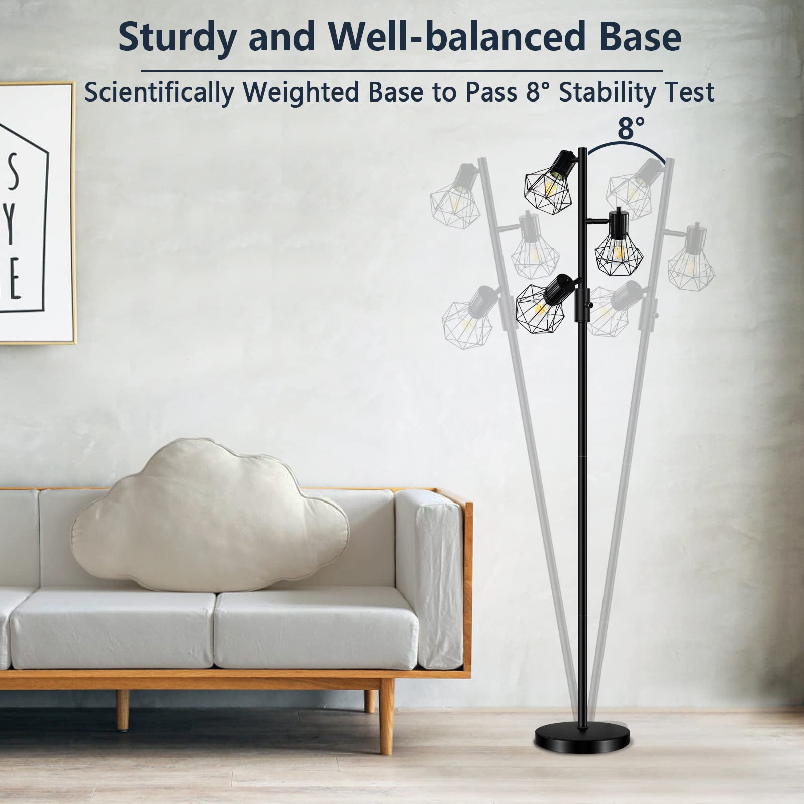 HiBay Stepless Dimmable Industrial LED Floor Lamp, 3-Light Adjustable Farmhouse Floor Lamps with 3 x 8W 800LM Bulbs, Rustic Standing Tree Light Room