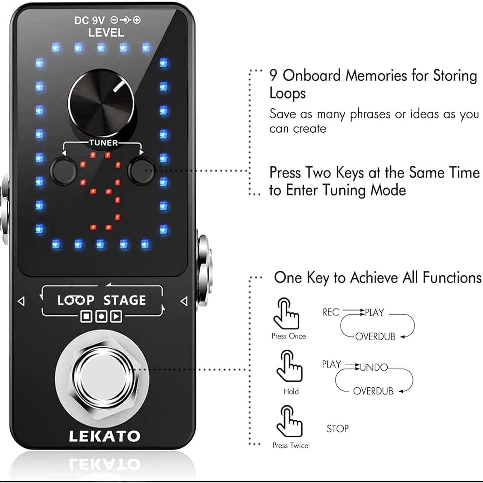 LEKATO Guitar Looper,Built-in Tuner,Bass Loop Effect Pedal(9 Loop Tracks,Max 40 Minutes Overdub Recording) Electric Guitar Loop Machine,Musicial Gears for Guitars/Bass/Keyboard/Drum