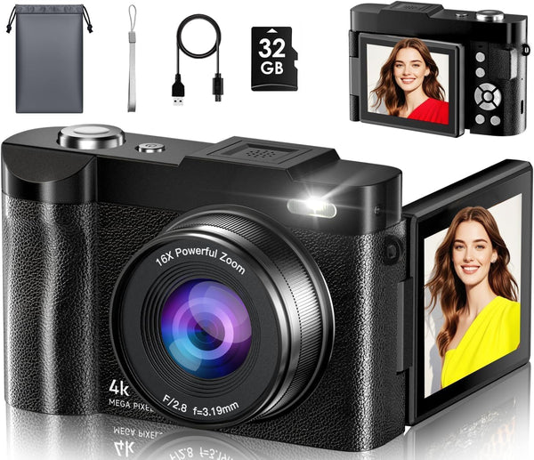 Digital Camera,UHD Autofocus Vlogging Camera with 16X Digital Zoom,2.8 Inch 180° Flip Screen Photo Camera with 32GB SD Card for Teenagers, Beginners,Adults