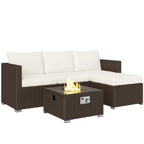Outsunny 5 Piece Rattan Garden Furniture Set with Gas Fire Pit Table, 4 Seater Outdoor Sectional Sofa Set with Footstool and Removable Cushions, Modular Combination, Brown and Cream White