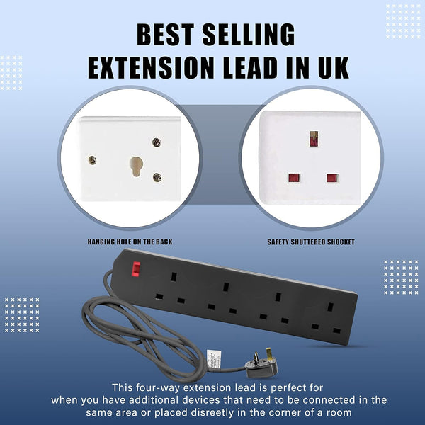 K-MART Heavy Duty Extension Lead UK Pin Plug and Cable, 4 Gang Way 2m Power Adapter, Multi Socket Mains Strip (White, 1 Pack)