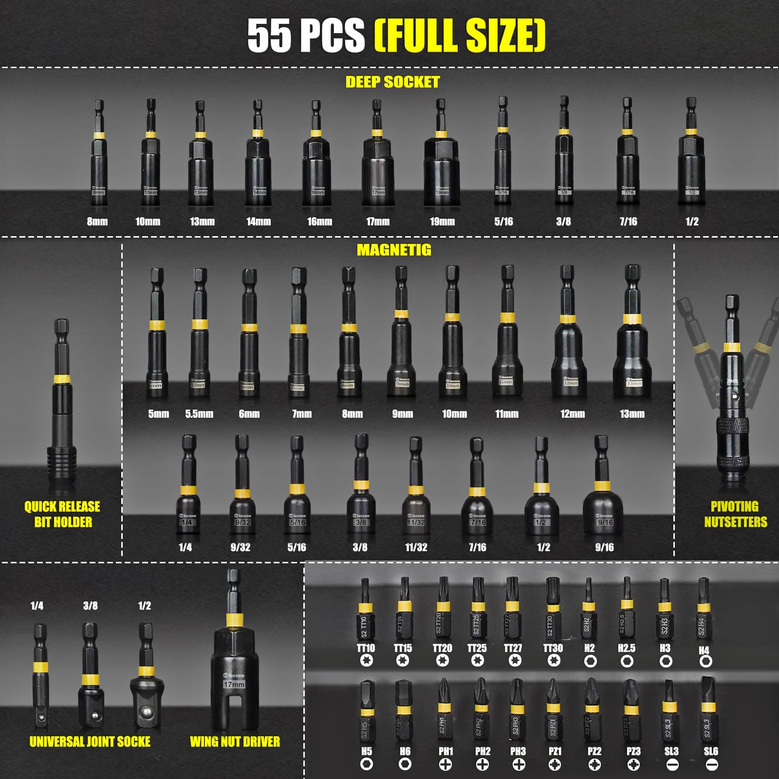 Facoow 55PCS Impact Nut Driver Set, Magenetic Nut Driver Set for Impact Drills and Premium Deep Drivers, Wing Nut Setters, 1/4'' Quick Change, Bit Extention, S2 Steel Bits, Pivoting Nut Setter