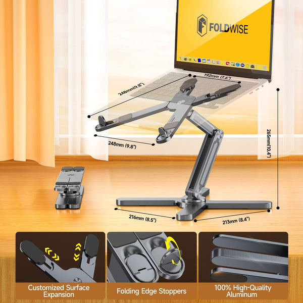 FoldWise X Laptop Stand for Desk - 100% Aluminum, 360 Rotating Base, Foldable, Adjustable Height & Angles Laptop Riser - Sturdy & Portable MacBook