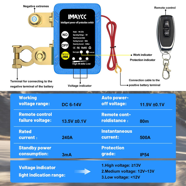 IMAYCC Kill Switch for Car, Remote Battery Disconnect Switch 12V 240A, Battery Iisolator 12V, Car Battery Kill Switch Anti Theft, Automatic Cut/Shut Off Switch for Auto,RV, ATV,Truck, Boat.