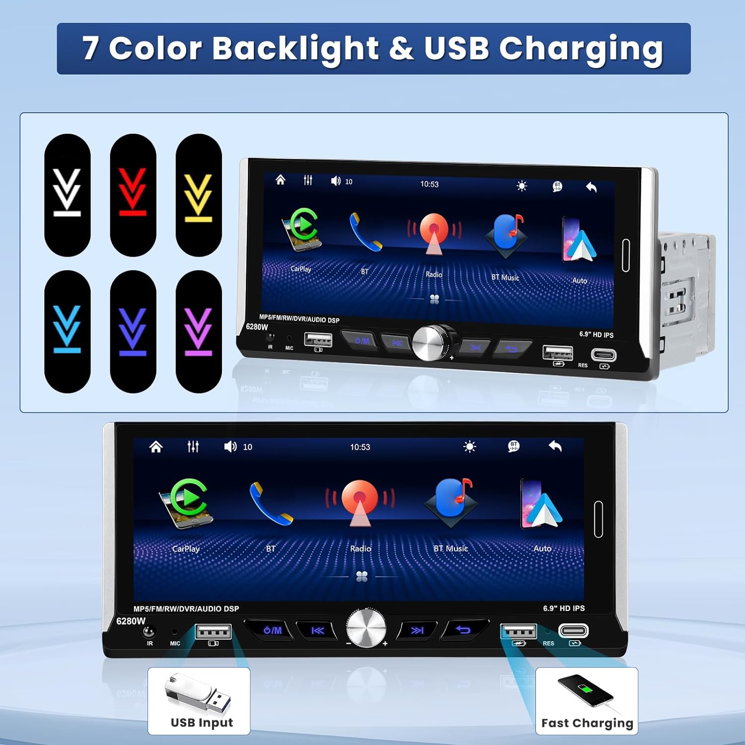 Hikity Single DIN 1DIN Car Stereo Wireless CarPlay & Android Auto 6.9 Inch Touchscreen Car Radio with Bluetooth 5.1 FM Dual USB Ports Type-C + Backup Camera + Remote Control + MIC