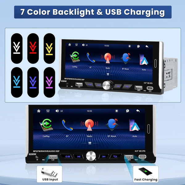 Hikity Single DIN 1DIN Car Stereo Wireless CarPlay & Android Auto 6.9 Inch Touchscreen Car Radio with Bluetooth 5.1 FM Dual USB Ports Type-C + Backup Camera + Remote Control + MIC