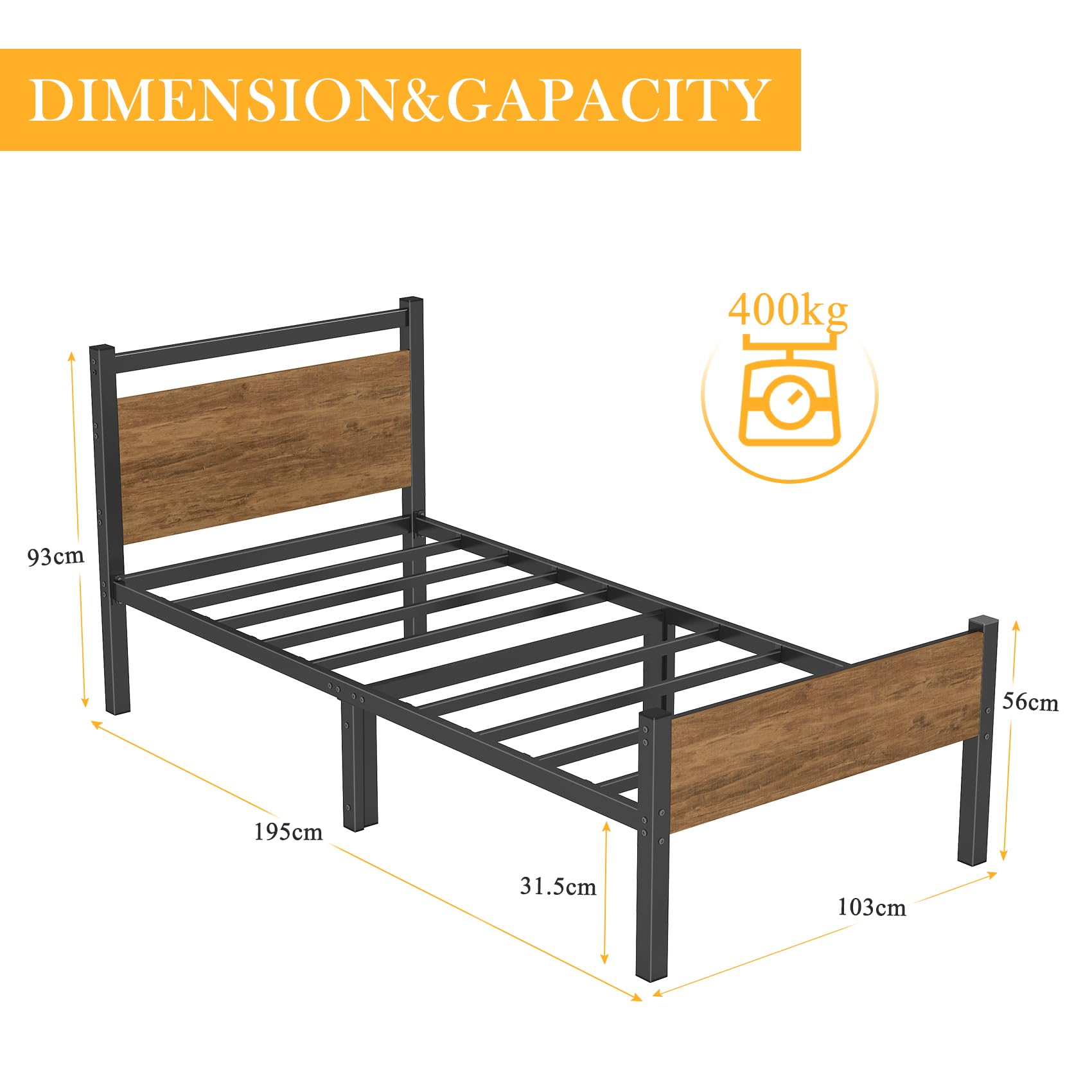 Yornoli Single Bed Frames with Wood Headboard 31.5cm Metal Platform Bed Frame with Storage Sturdy Non-Slip Without Noise No Box Spring Needed Black &