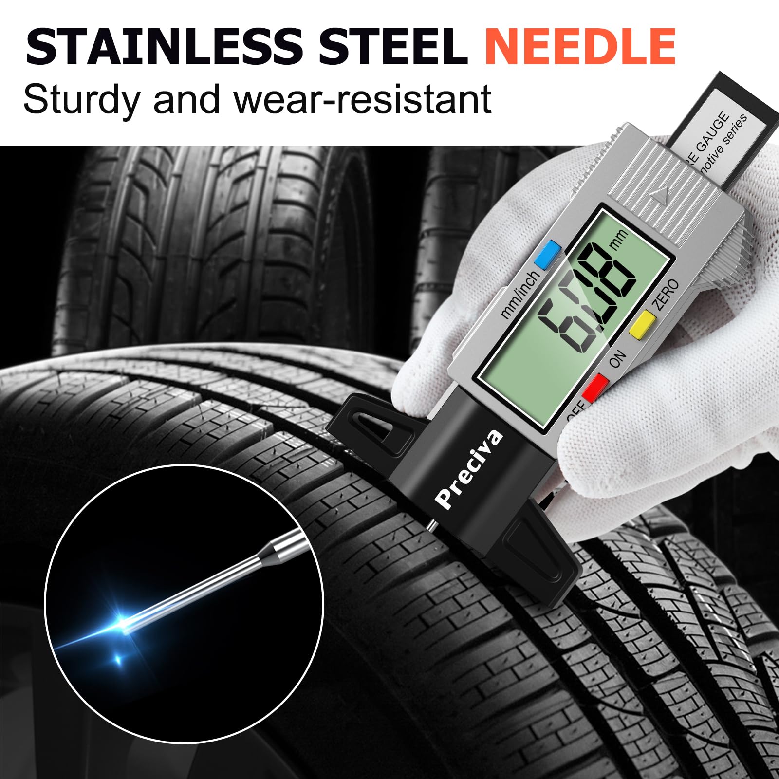 Tyre Tread Depth Gauge, Preciva Silver 0-25.4mm/Inch Digital Tire Checker UK, Tyres Depths Measuring Tool with Large LCD Screen for Cars, Trucks, Vans
