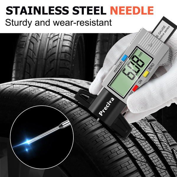 Tyre Tread Depth Gauge, Preciva Silver 0-25.4mm/Inch Digital Tire Checker UK, Tyres Depths Measuring Tool with Large LCD Screen for Cars, Trucks, Vans