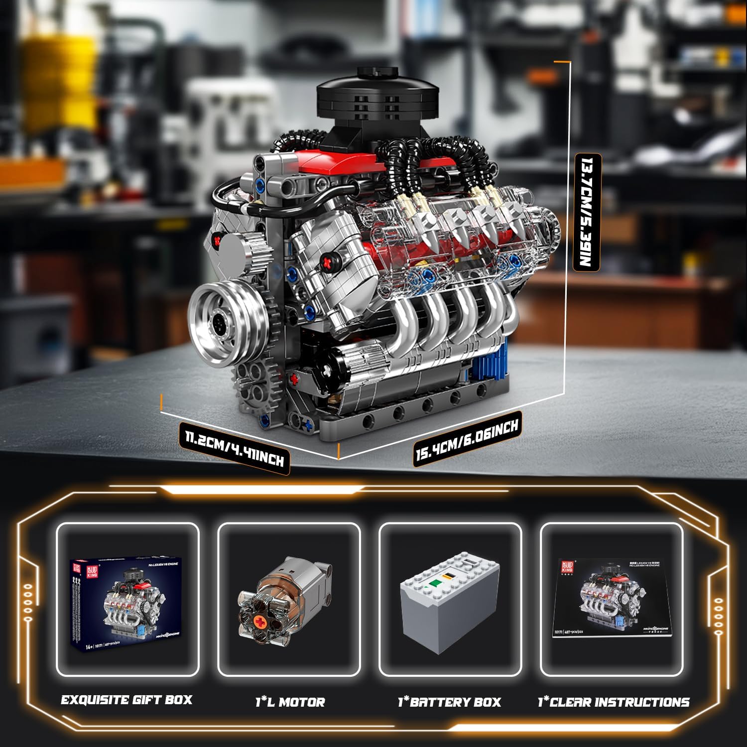 Mould King 10171 Technik V8 Engine Model Building Kit - 487 PCS to Build Your Own Mini Engine That Works - DIY STEM Project for Kids/Teens, MOC Hobby Building Blocks Kit for Adults