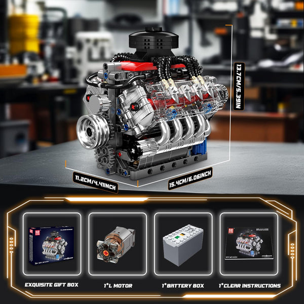 Mould King 10171 Technik V8 Engine Model Building Kit - 487 PCS to Build Your Own Mini Engine That Works - DIY STEM Project for Kids/Teens, MOC Hobby Building Blocks Kit for Adults