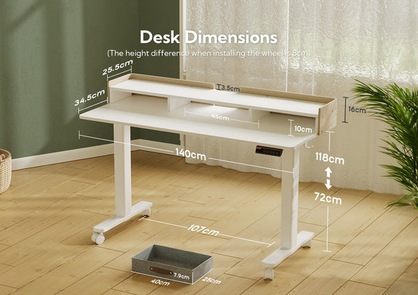 Claiks Electric Standing Desk with Drawers, 120x60cm Height Adjustable Desk with Storage Shelf and Splice Board, Stand Up Desk for Home Office, White Frame/Maple Top