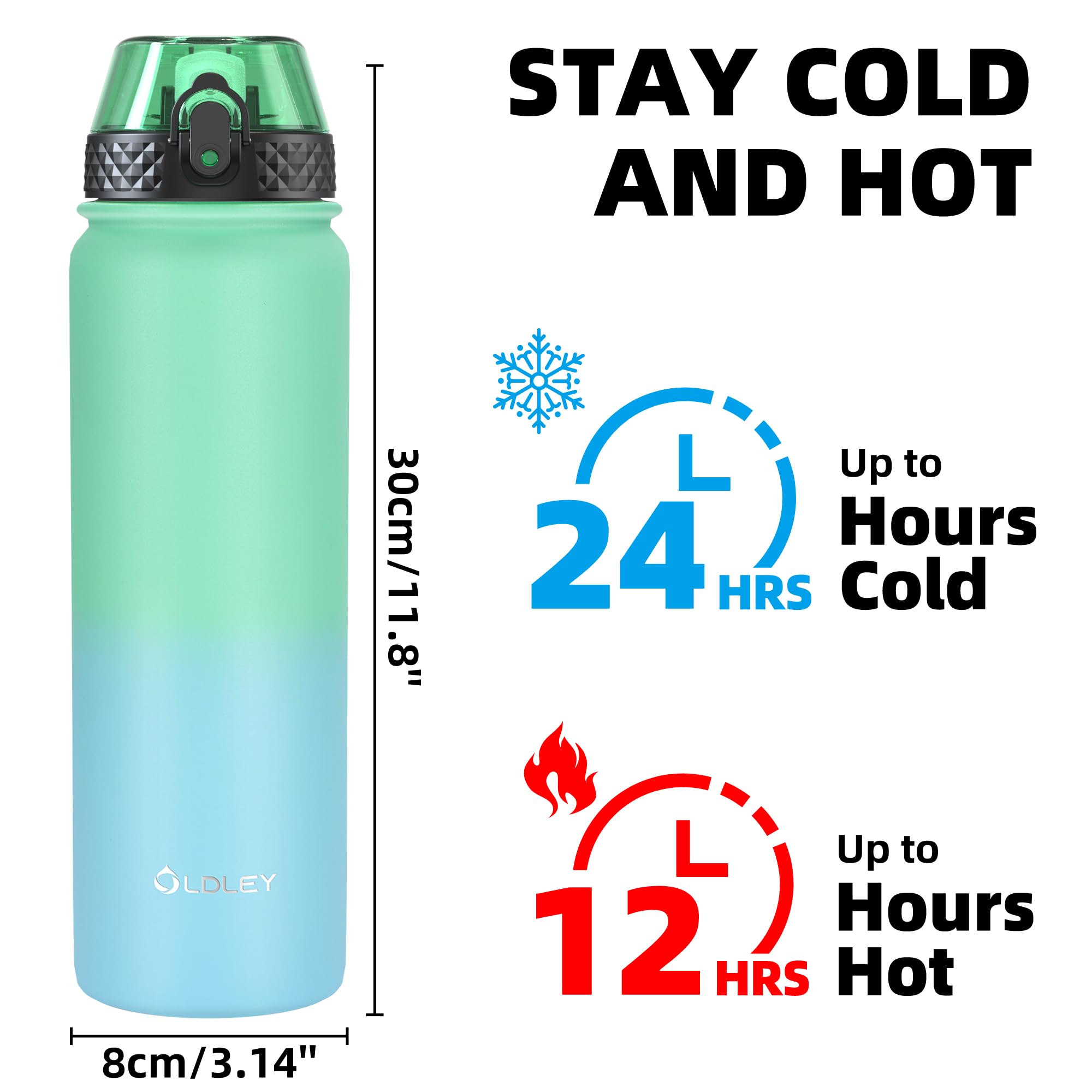 OLDLEY Stainless Steel Water Bottle with Straw 1L Vaccum Insulated Large Drink Flask Metal Water Bottles 1 Litre Leakproof Keep Drinks Hot Cold for Sports Gym with Different Lids(Purple Green, 3 Lids)