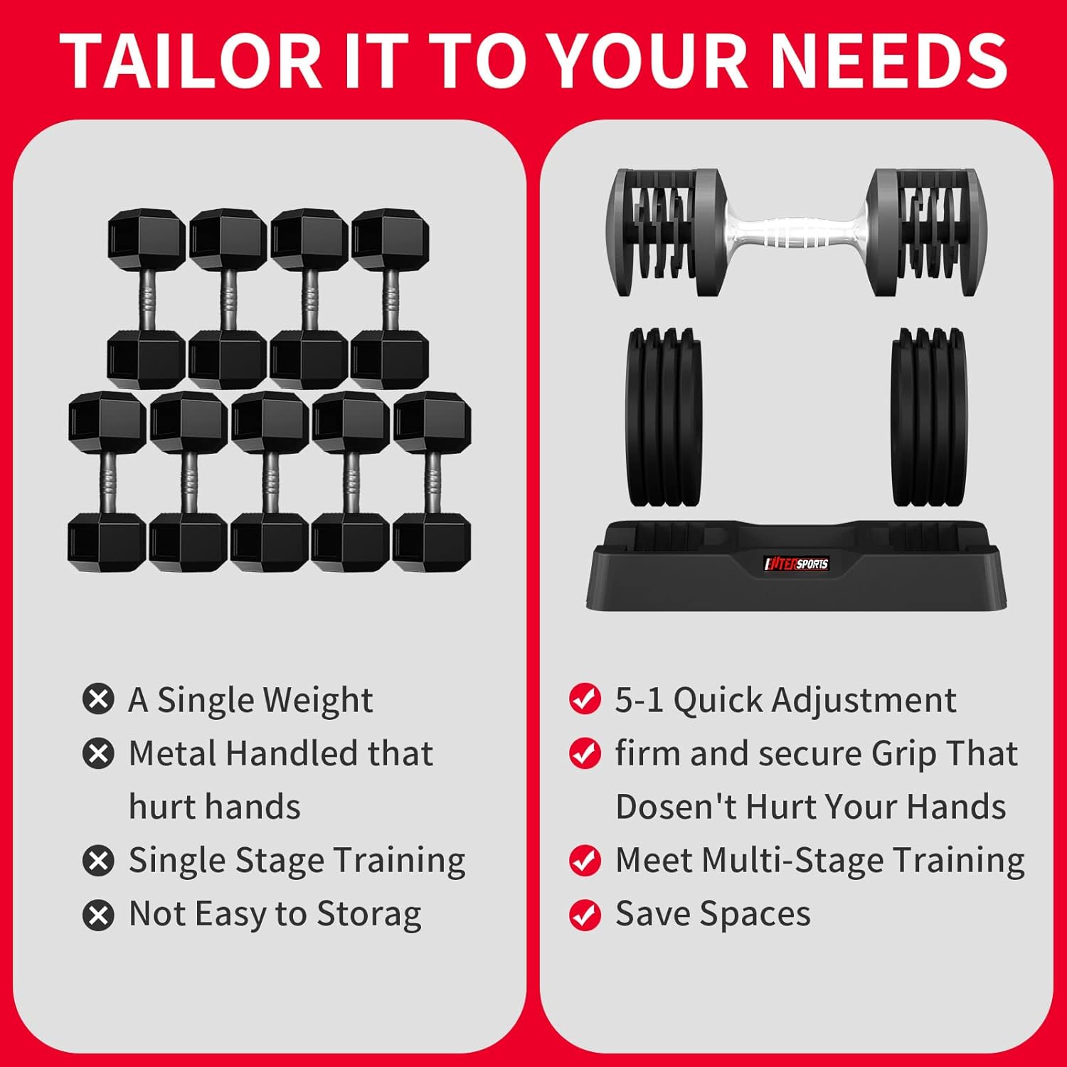 EnterSports 12kg/18KG/27KG Adjustable Dumbbells,Dumbbell Set for Saving Place, Dumbbell Weights with Non-Slip Handle, Home Gym Strength Training Equipment for Full Bodybuilding