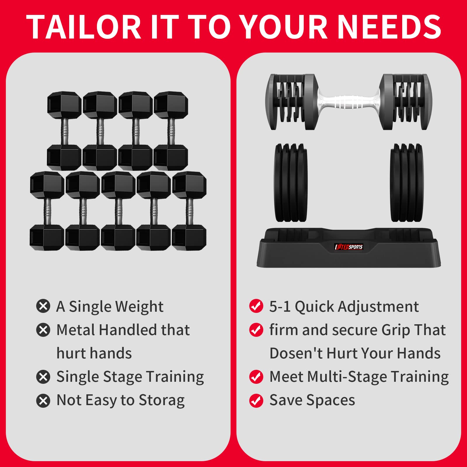 EnterSports 12kg/18KG/27KG Adjustable Dumbbells,Dumbbell Set for Saving Place, Dumbbell Weights with Non-Slip Handle, Home Gym Strength Training Equipment for Full Bodybuilding