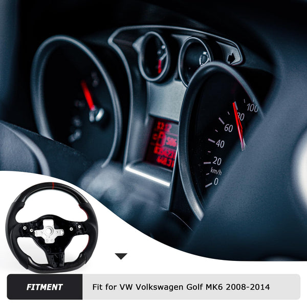 Acclcors Carbon Fiber Steering Wheel, D-Shaped Flat-Bottomed Steering Wheel with Red Stitching, Perforated Leather Grip for VW Volkswagen Golf MK6 2008-2014
