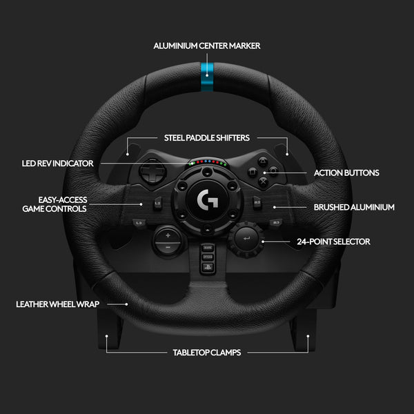 Logitech G G923 Racing Wheel and Pedals, TRUEFORCE up to 1000 Hz Force Feedback, Responsive Driving Design, Dual Clutch Launch Control, Genuine Leather Wheel Cover, for PS5, PS4, PC, Mac - Black
