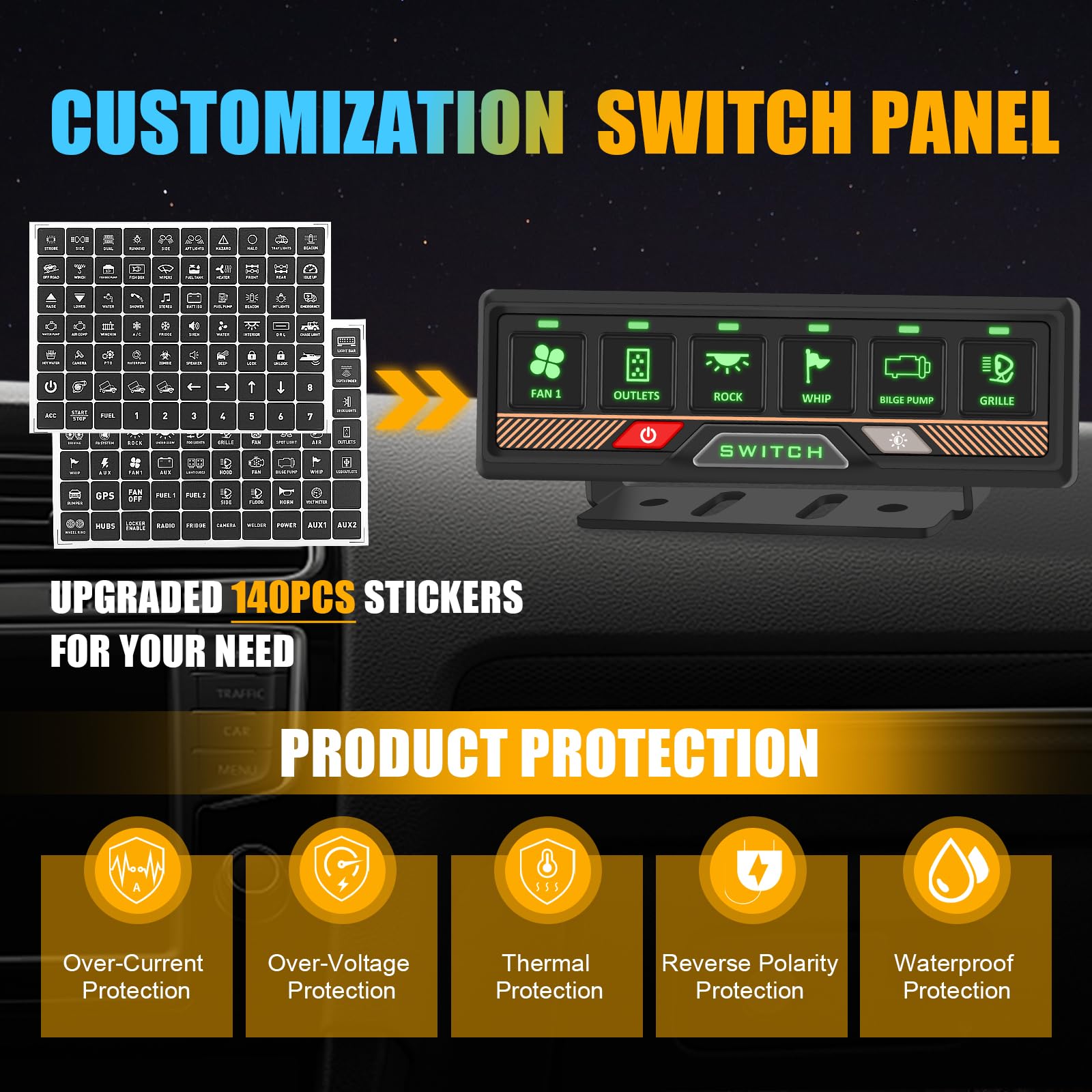 Chelhead 12V/24V Switch Control Panel RGB 6 Gang Dimmable Multi-Function Programmable Switch Panel Acc Battery Control Waterproof, Compatible with Truck Boat SUV RV Trailer Marine ATV UTV