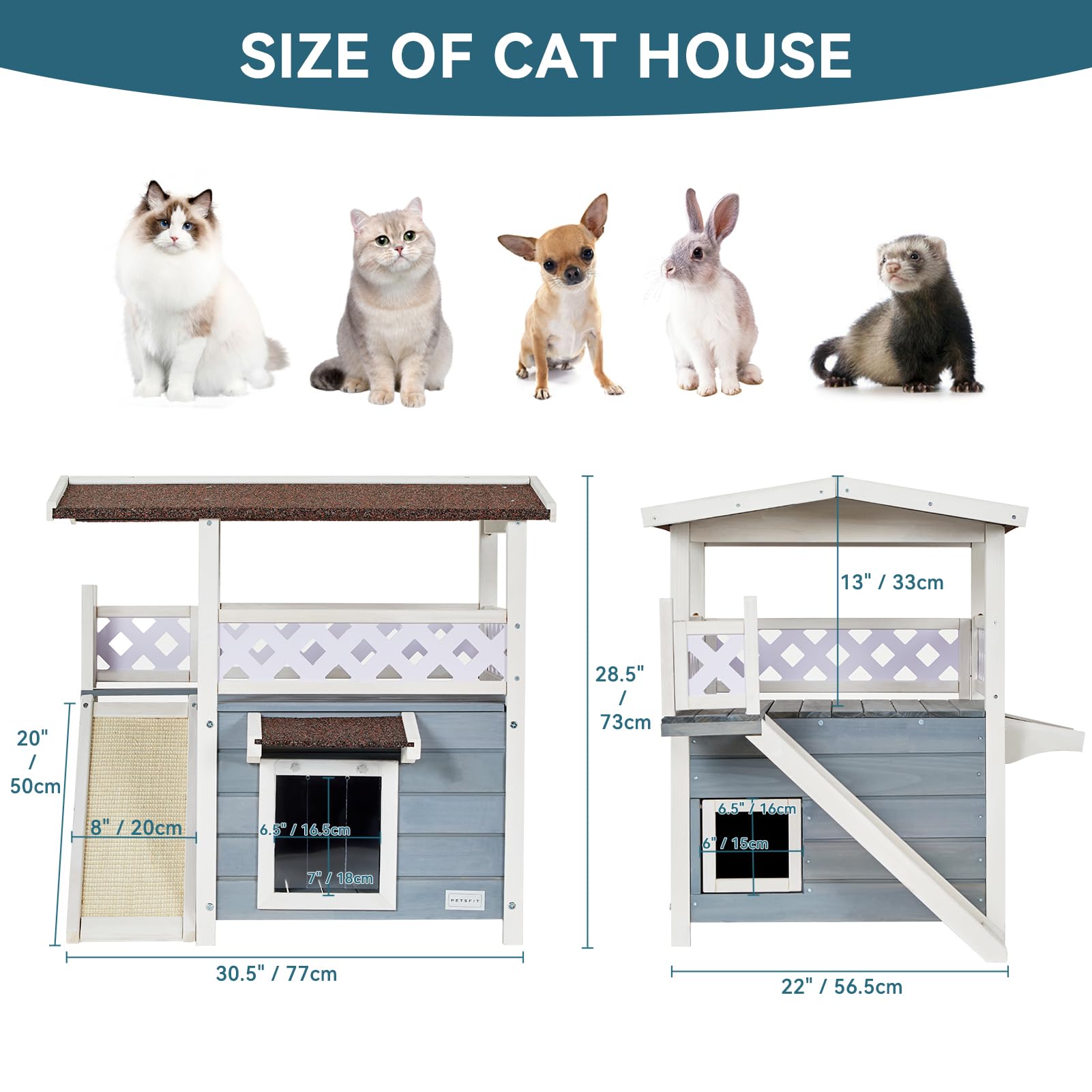 Petsfit Cat Wooden House, Waterproof House Cat Outdoor, Cat Outdoor Shelter with Cat Scratching Pad, Balcony (Grey)