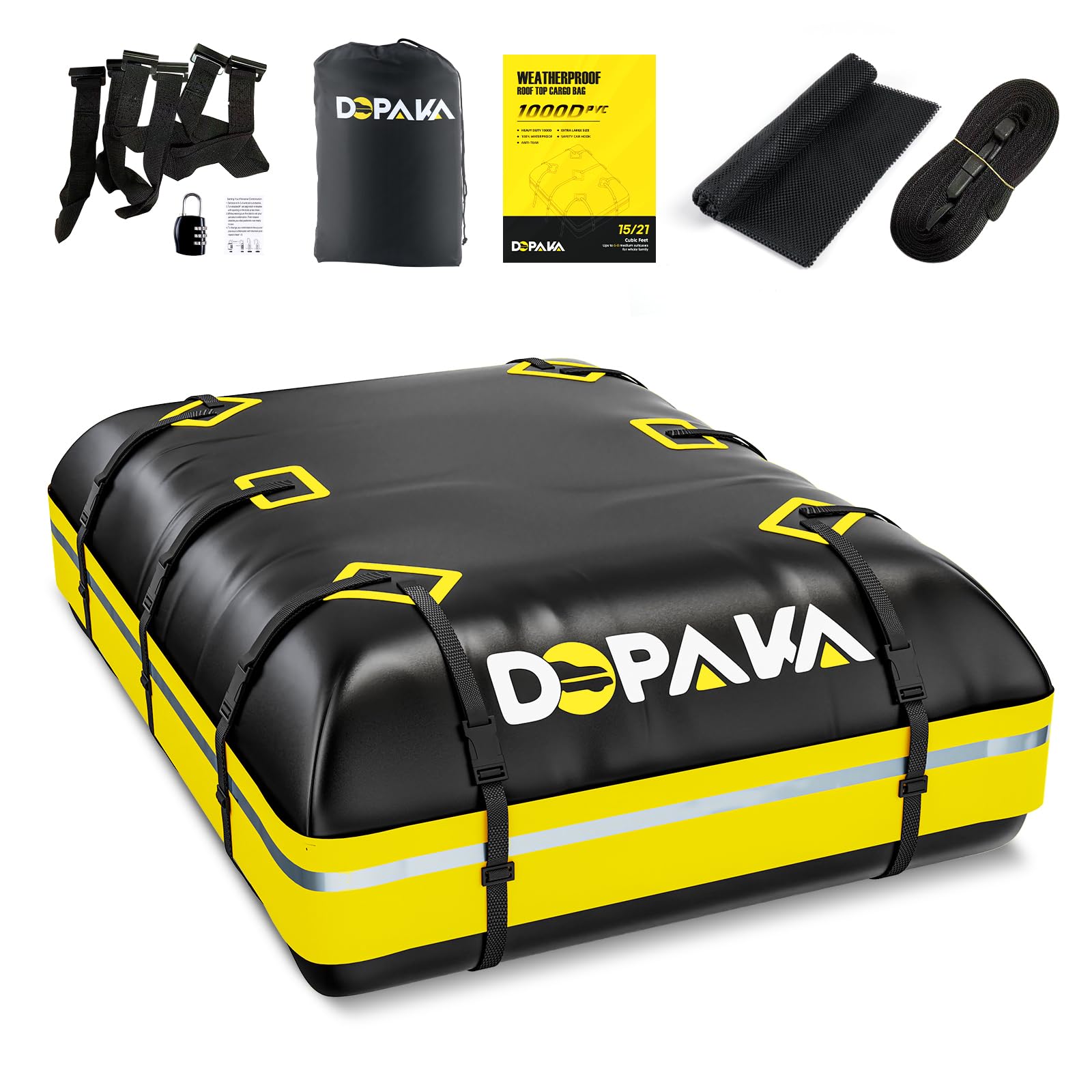 Rooftop Cargo Carrier Bag,100% Waterproof Heavy Duty 1000D Car Top Carrier,15 Cubic Feet Car Roof Bag for All Vehicle with/Without Rack,High-Frequency Welded Seams,Anti-Tear Anti-Slip Mat,6 Door Hooks