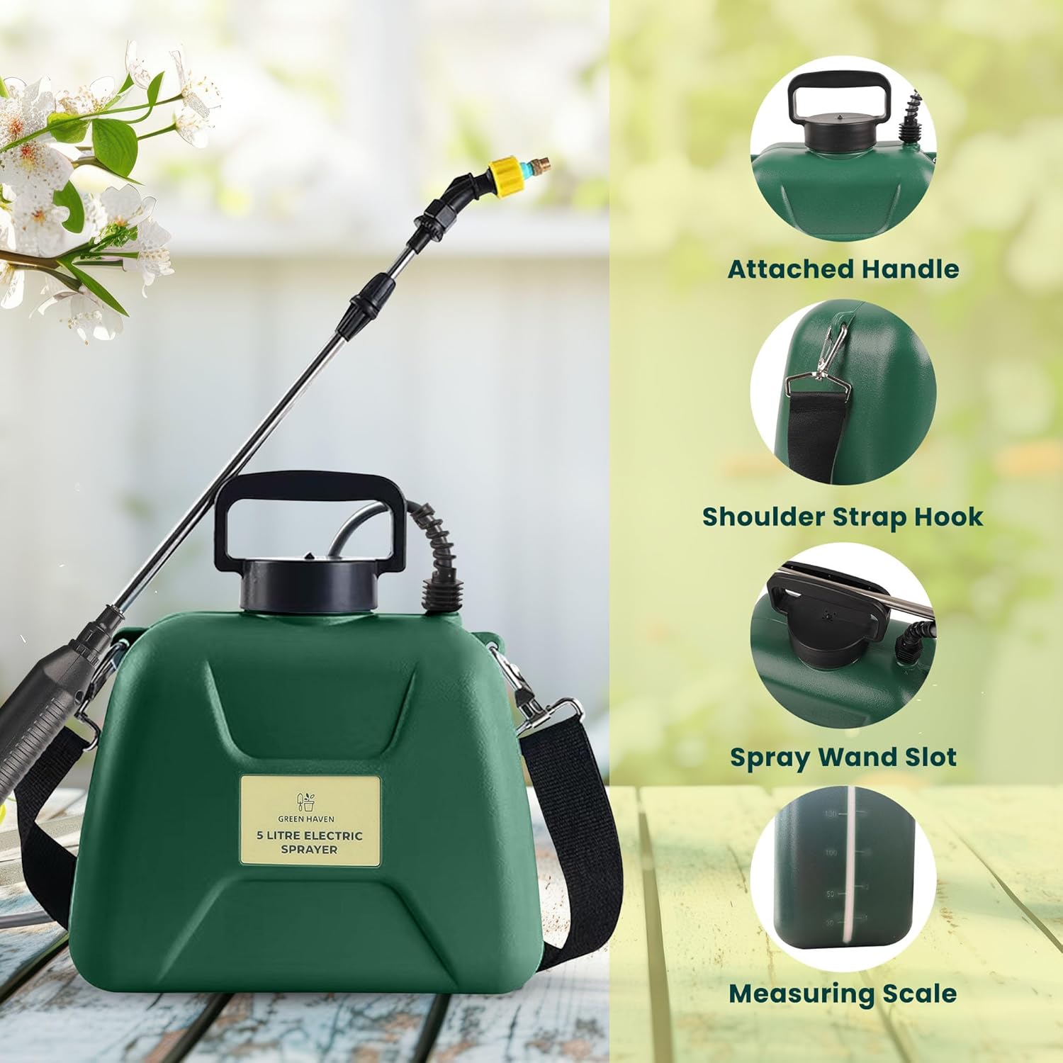 Green Haven 5L Battery-Powered Pressure Sprayer – USB Rechargeable Electric Garden Sprayer with 3 Adjustable Nozzles, Easy-Fill Tank, Durable ABS, Portable Design, and Shoulder Strap for Gardening