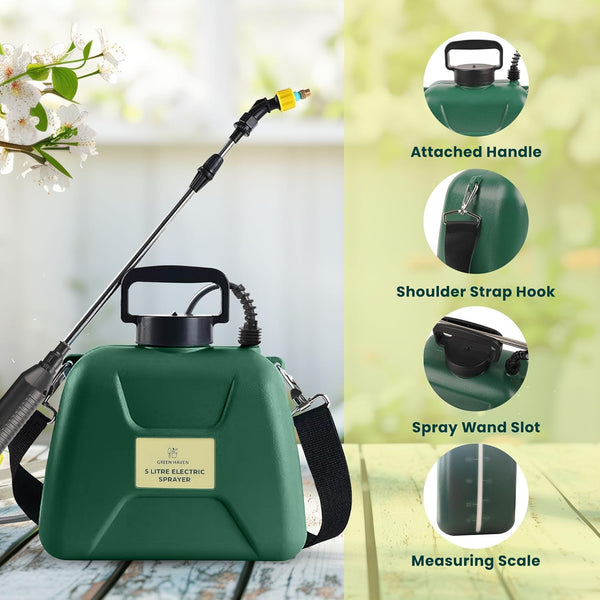 Green Haven 5L Battery-Powered Pressure Sprayer – USB Rechargeable Electric Garden Sprayer with 3 Adjustable Nozzles, Easy-Fill Tank, Durable ABS, Portable Design, and Shoulder Strap for Gardening