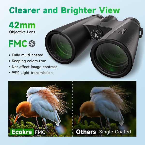 Ecokra 12x42 HD Binoculars for Adults, Super Bright High Power Compact Binoculars with Large View, Clear Low Light Night Vision, BAK4, FMC Prisms for Bird Watching Hunting Stargazing