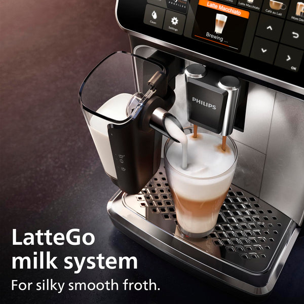PHILIPS 5400 Series Bean to Cup Coffee Machine – 12 Coffee Varieties, LatteGo Milk Frother, Fastest-to-Clean, Ceramic Grinder, Fully Automatic Espresso & Cappuccino maker – Black, Silver (EP5446/70)