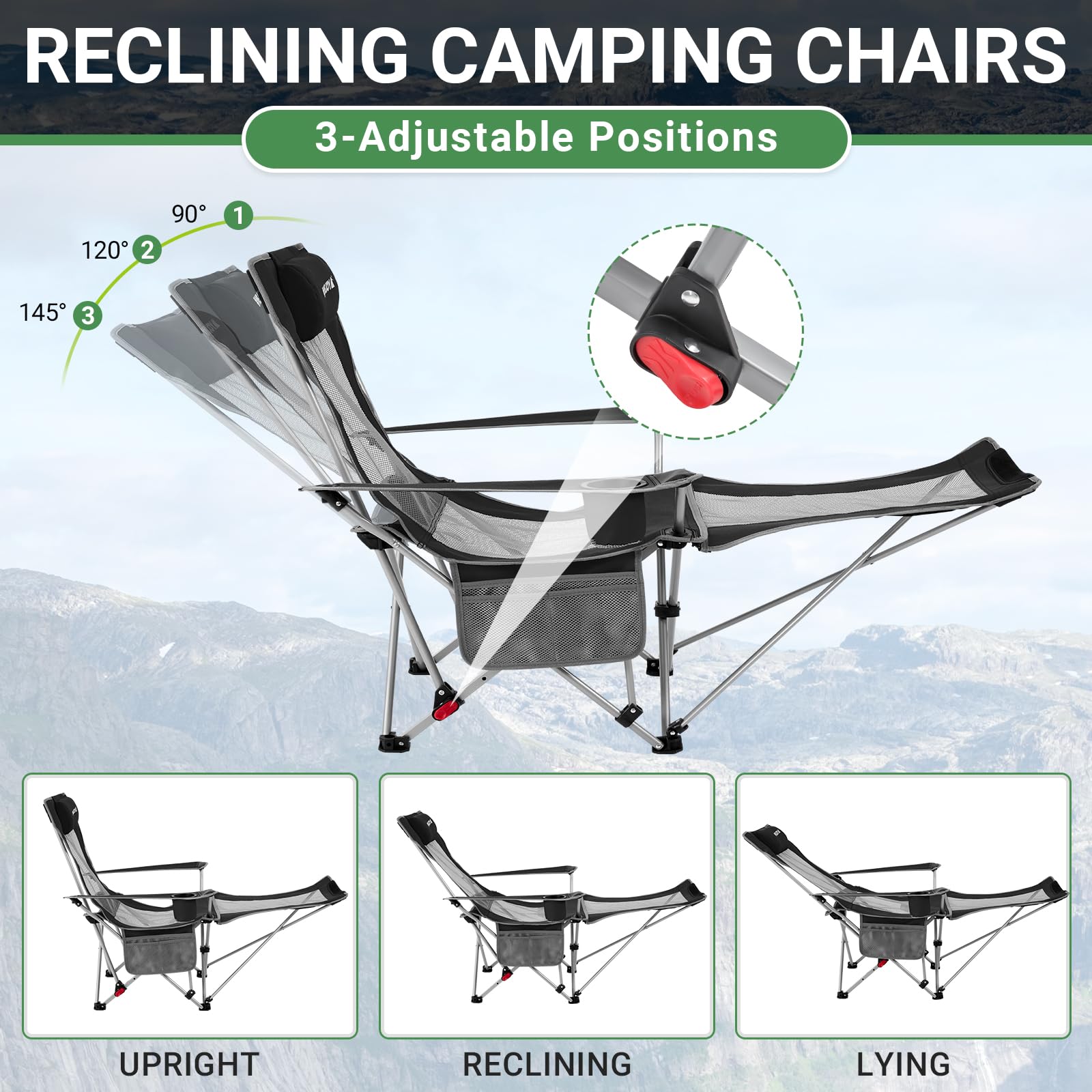 #WEJOY Camping Chairs Folding Recliner Chair Adjustable with Detachable Footrest Headrest Cup Holder Lightweight Portable Reclining Camp Chair Fold Up Chair for Outdoor Beach Garden, Cyan Set of 2