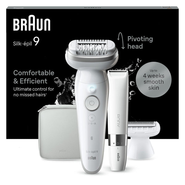 Braun Silk-épil 9, Epilator with Pivoting Head for Easy Hair Removal, Wet & Dry, Lasting Smooth Skin, with Lady Shaver Head & Trimmer Comb, 9-441, White/Silver with EU Plug