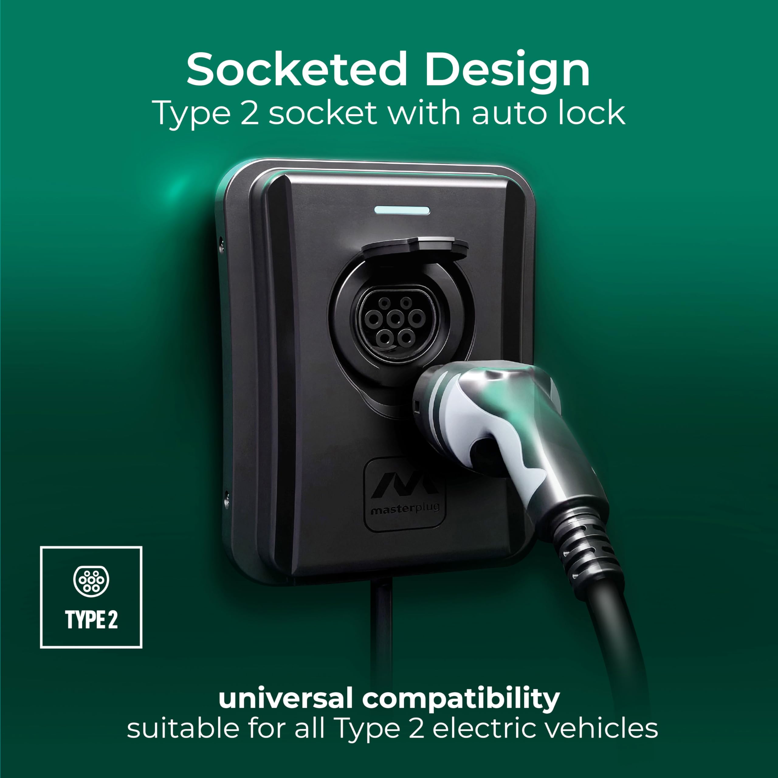 Masterplug Smart EV Home Wall Charger for Type 2 Electric and Plug-In Hybrid Vehicles, Tethered with 5m Cable, Mode 3, App Control, Solar Charging, Single Phase, Black, IP55, 7.4kW, 32A, EVCM3ST7B-MP