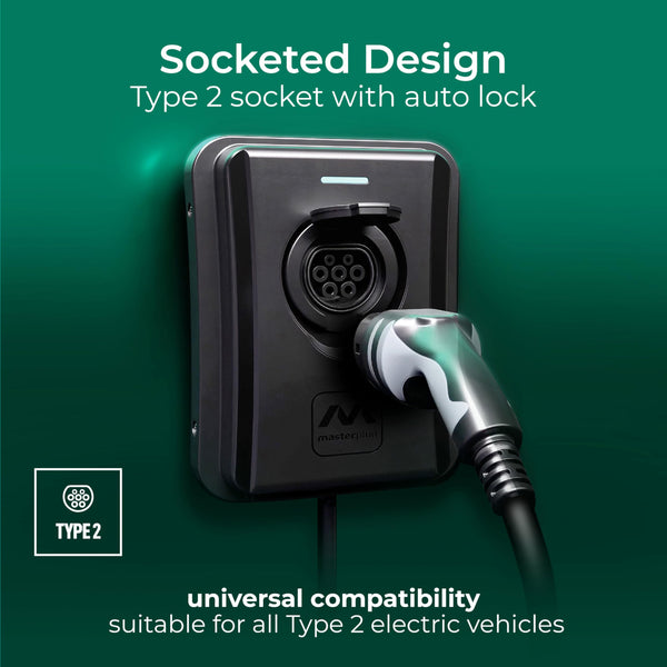 Masterplug Smart EV Home Wall Charger for Type 2 Electric and Plug-In Hybrid Vehicles, Tethered with 5m Cable, Mode 3, App Control, Solar Charging, Single Phase, Black, IP55, 7.4kW, 32A, EVCM3ST7B-MP