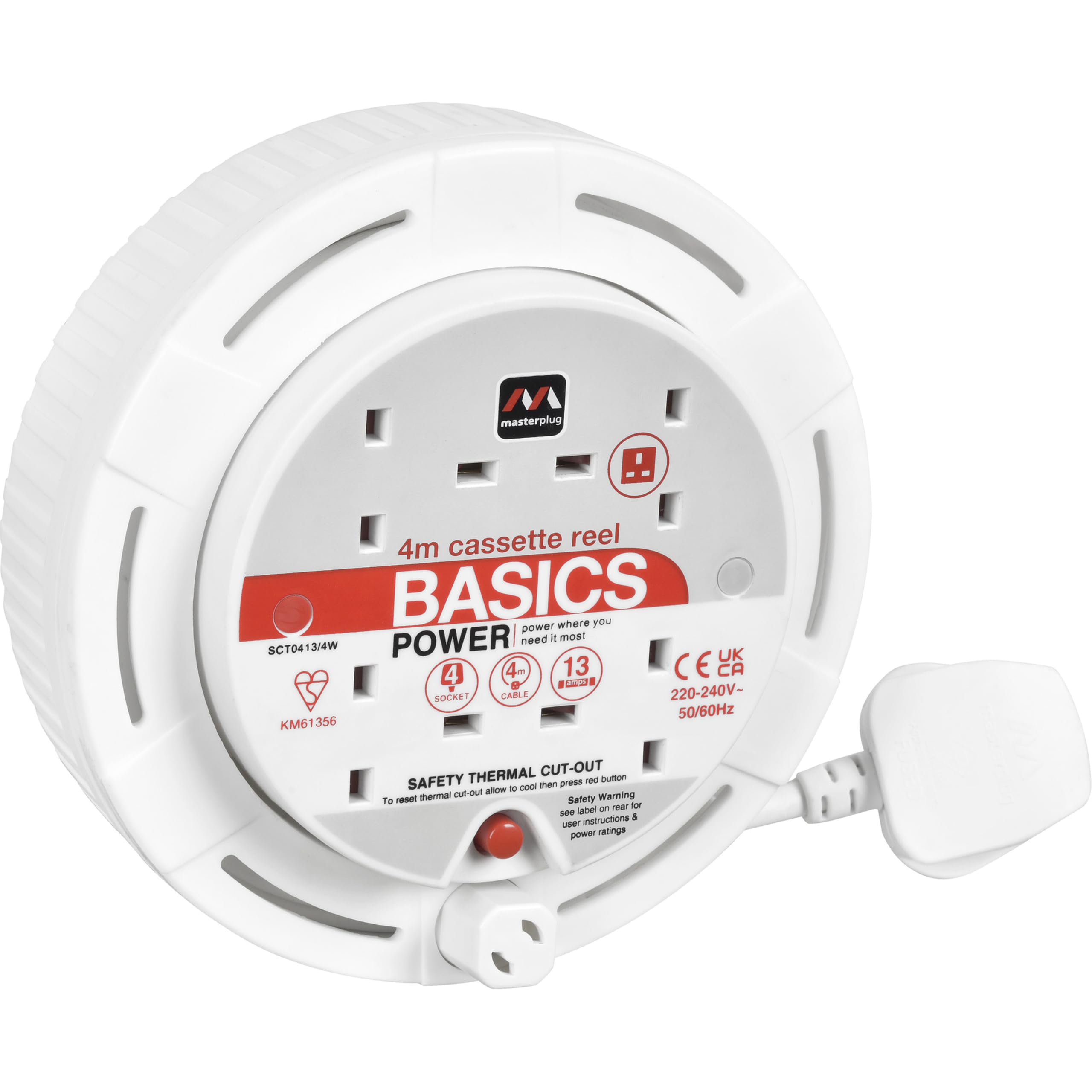 Masterplug Four Socket Cassette Reel Extension Lead, 4 Metres, White