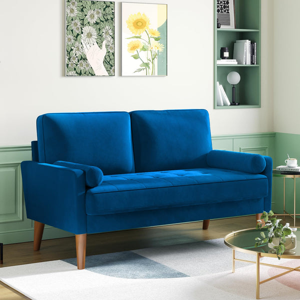 Vesgantti Small 2 Seater Sofa Blue, Comfy Sofa Couch with Spring Cushion, Velvet Sofa with Wood Legs, Modern Love Seat Sofa, Sofa 2 Seater for Living Room, Small Sofa for Bedroom, Blue Office Sofa
