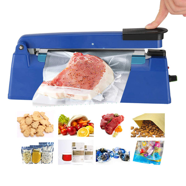 Heat Sealer, Impulse Plastic Bag Sealer, Manual Seal Food Packing Machine, Heat Sealing Applicable with Replacement Kit, Metal/ABS 350W (Blue, 8")