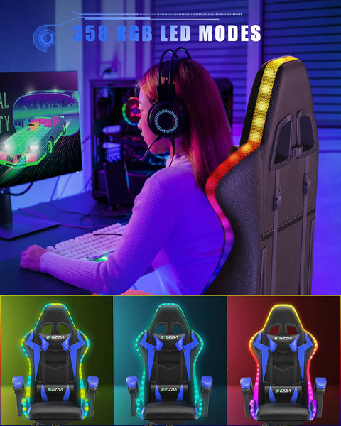 Racingreat Gaming Chair with Led Lights, Video Game Chair, Ergonomic RGB Gaming Chair for Adults, Height Adjustable Reclining Computer Chair with Headrest and Lumbar Support (With RGB, Black)