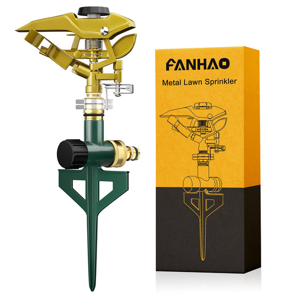 FANHAO Heavy Duty Pulsating Lawn Sprinkler on Spike Base, 100% Metal Impact Sprinkler with Adjustable Spray Pattern for Lawn Yard Irrigation, 360