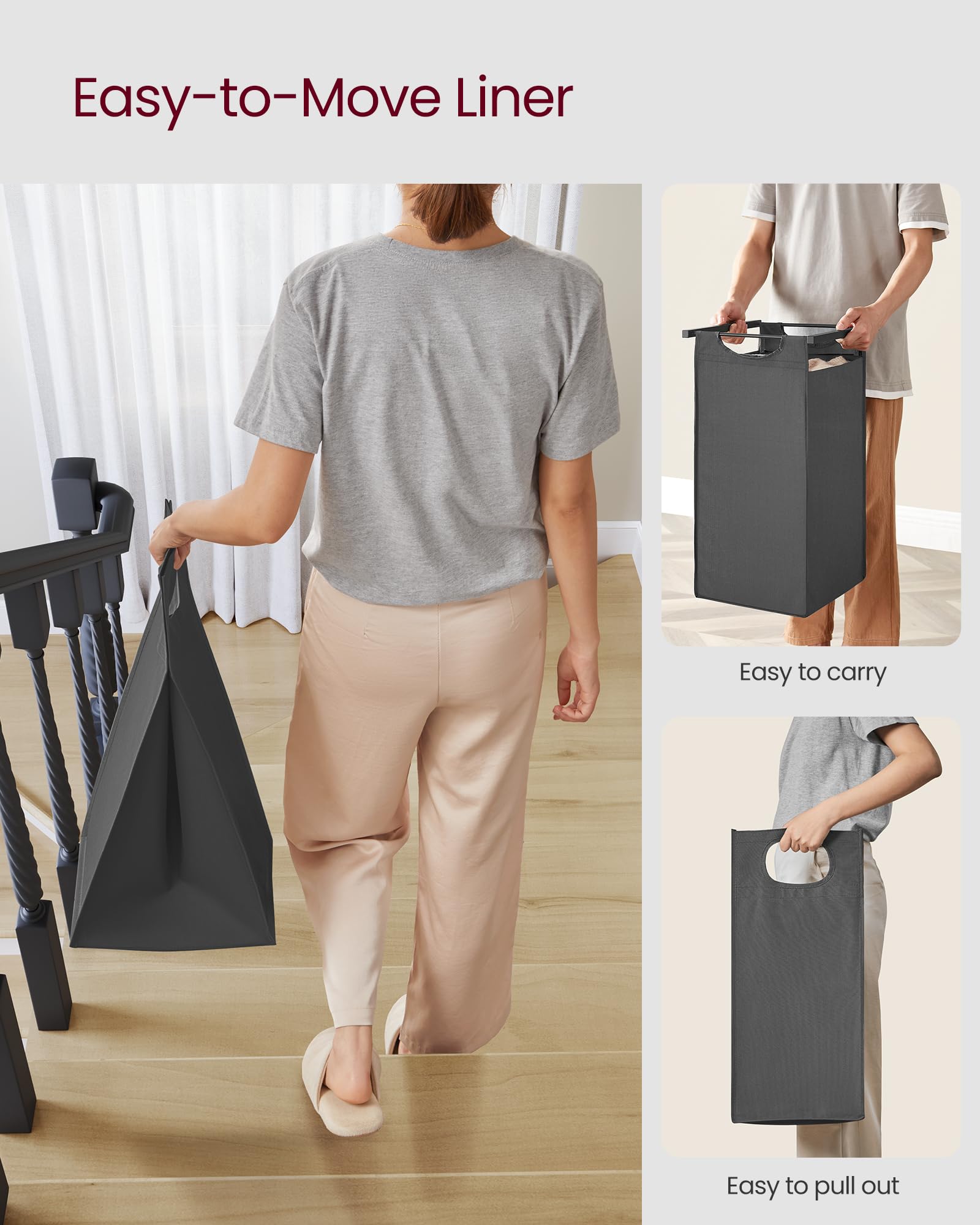 VASAGLE Laundry Basket, Laundry Hamper, Pull-Out and Removable Liner Bag, Shelf, Metal Frame, 65 L, 50 x 33 x 72 cm, Ink Black and Rustic Brown BLH101B01