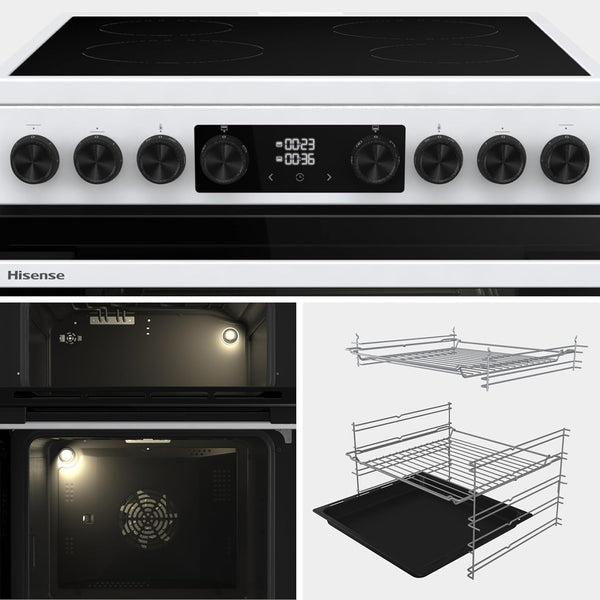 Hisense HDUKC60W 60cm Electric Cooker with Ceramic Hob-White, A Rated Double Oven 50L/80L [Energy Class A]
