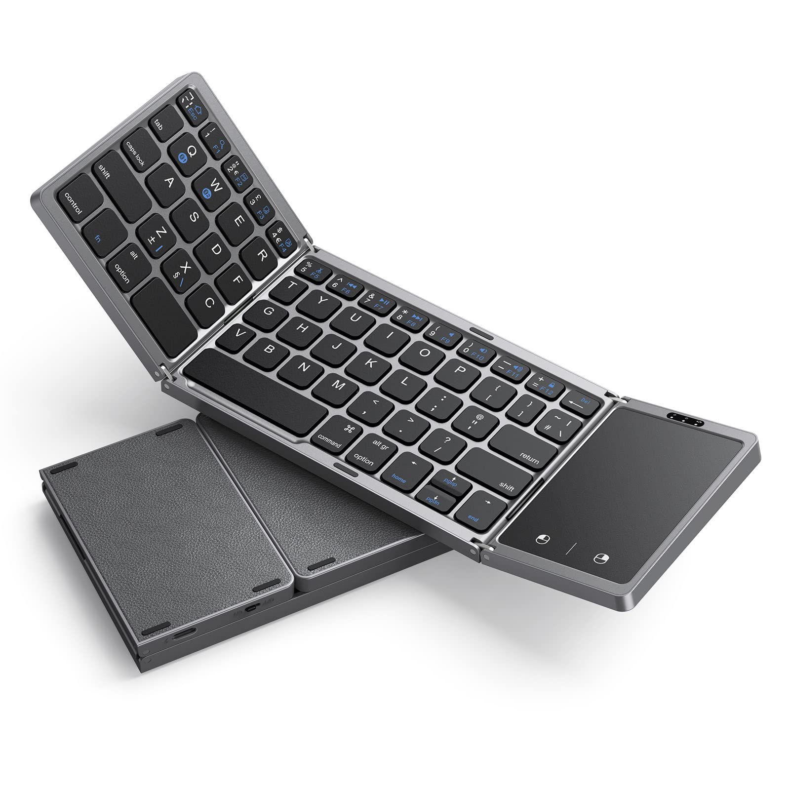 Seenda Folding Bluetooth Keyboard with Touchpad, Foldable Portable Travel Mini Wireless Keyboard, Rechargeable UK layout for iOS Android Windows PC Tablet phone ipad, Black and Grey