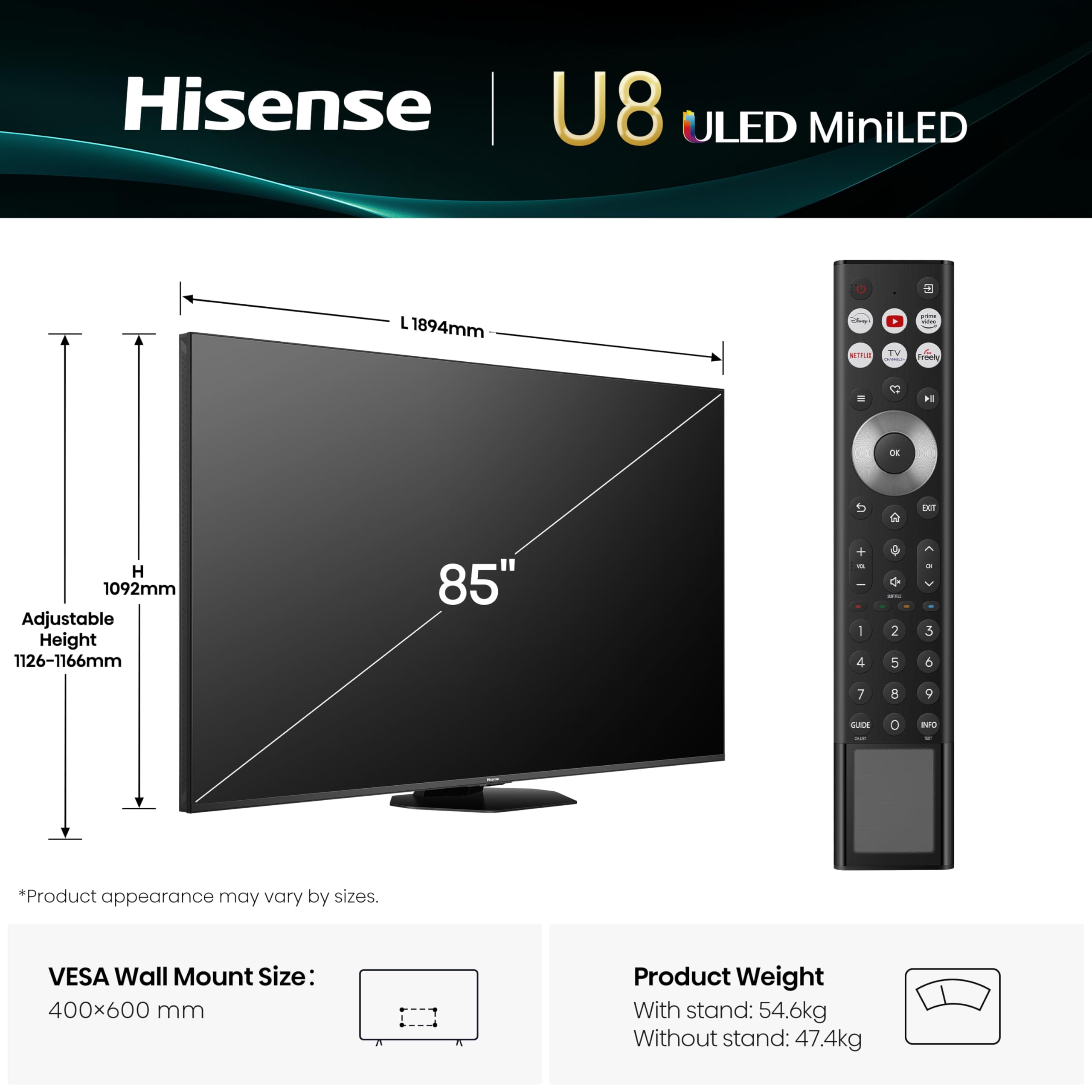 Hisense 55 Inch 4K Mini-LED TV 55U6NQTUK - Quantum Dot Colour, Dolby Vision Atmos, Hi-View Engine, FilmMaker Mode, Vidaa OS with Voice Control, Freely, Youtube, Netflix and Disney+ (2024 Model)