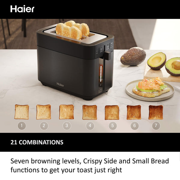 Haier Toaster, I-Master Series 5, 2 Slices with Extra Large Slots, 7 Toasting Levels, Stainless Steel, On App, Black [HTO5A3]