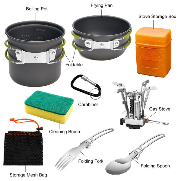 AUTOPkio Camping Cooking Set, Outdoor Camping Pans Pots and Stove - Non Stick Folding Cookware Kit for BBQ Picnic Hiking Backpacking Travel 1-2 Person Use