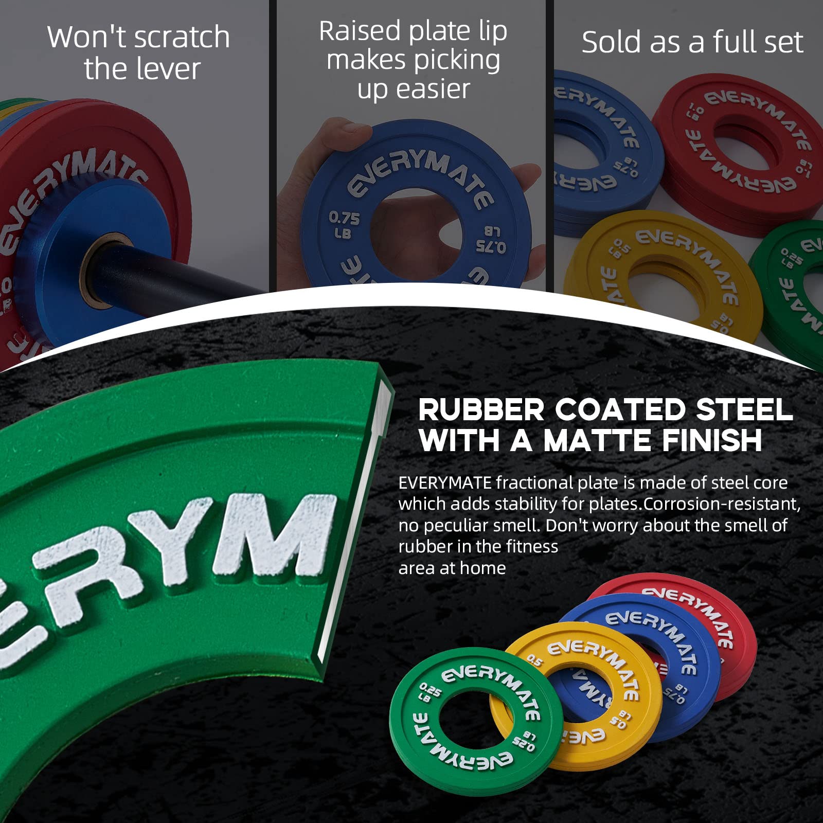 EVERYMATE Rubber Fractional Weight Plates Set Micro Weight Plate Pair of 0.25LB 0.5LB 0.75LB 1 LB for Olympic Barbells for Strength Training Micro