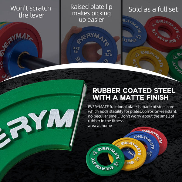 EVERYMATE Rubber Fractional Weight Plates Set Micro Weight Plate Pair of 0.25LB 0.5LB 0.75LB 1 LB for Olympic Barbells for Strength Training Micro