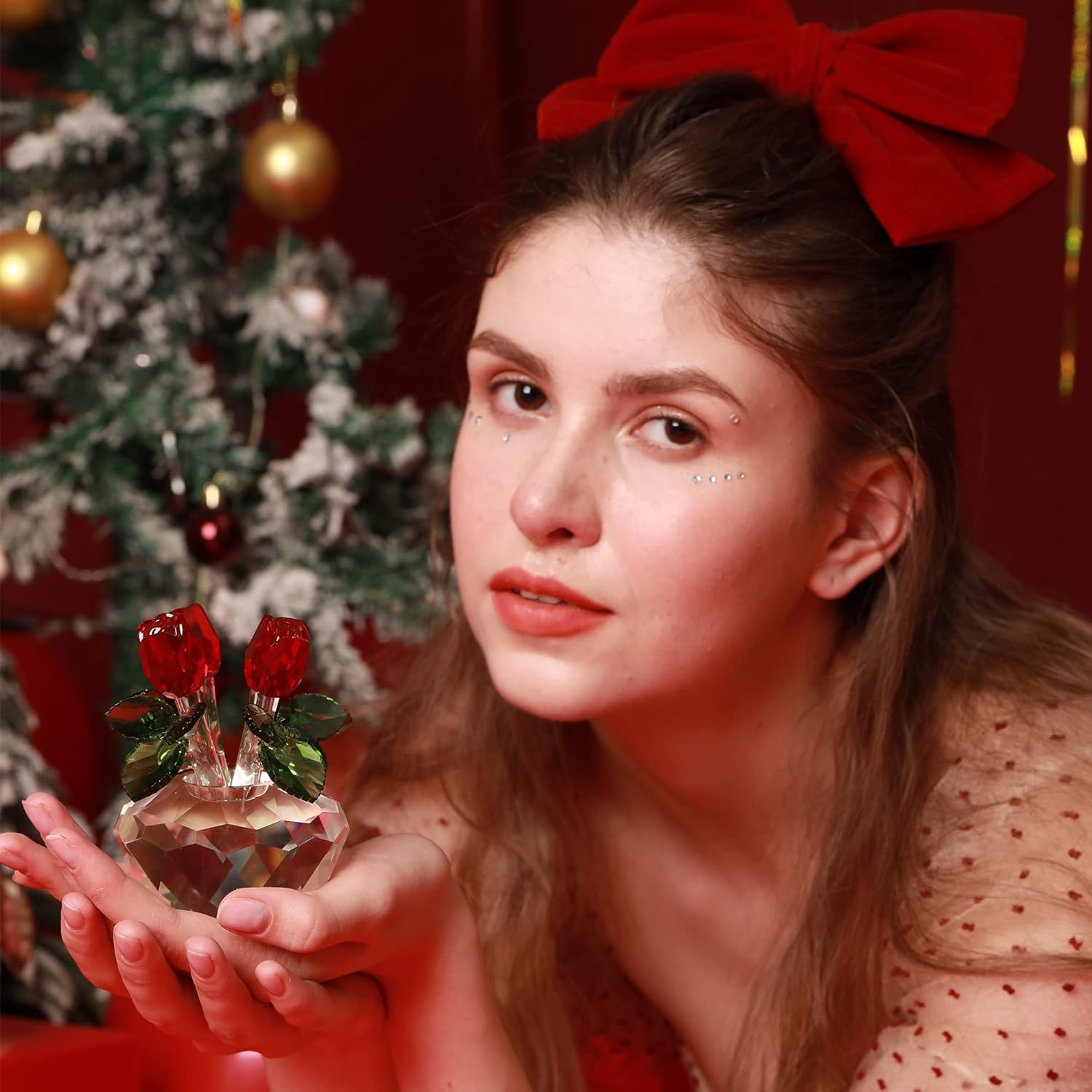 H&D HYALINE & DORA 4.5inch Spring Bouquet Crystal Glass Flowers Red Rose Figurine Ornament Gift-boxed