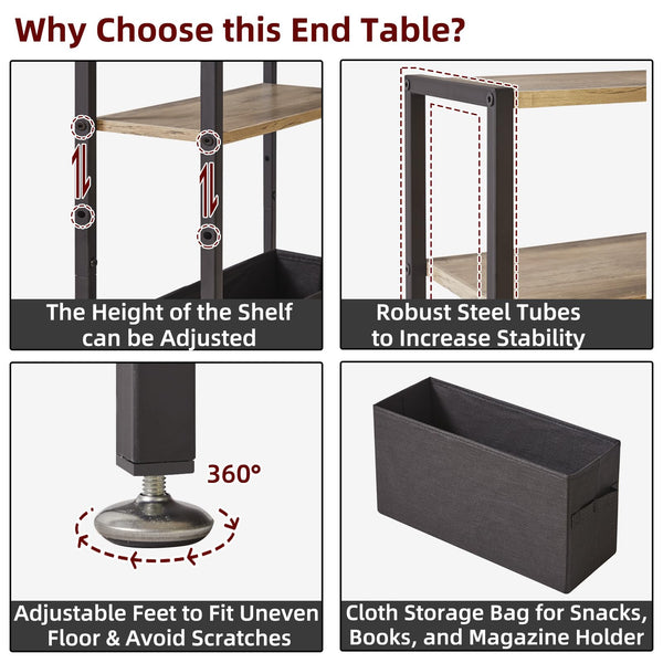 Aibiju Narrow Side Table with Storage Shelf,3-Tier Slim End Table with Fabric Basket,Modern Sofa Table Thin Side Table for Living Room, Bedroom