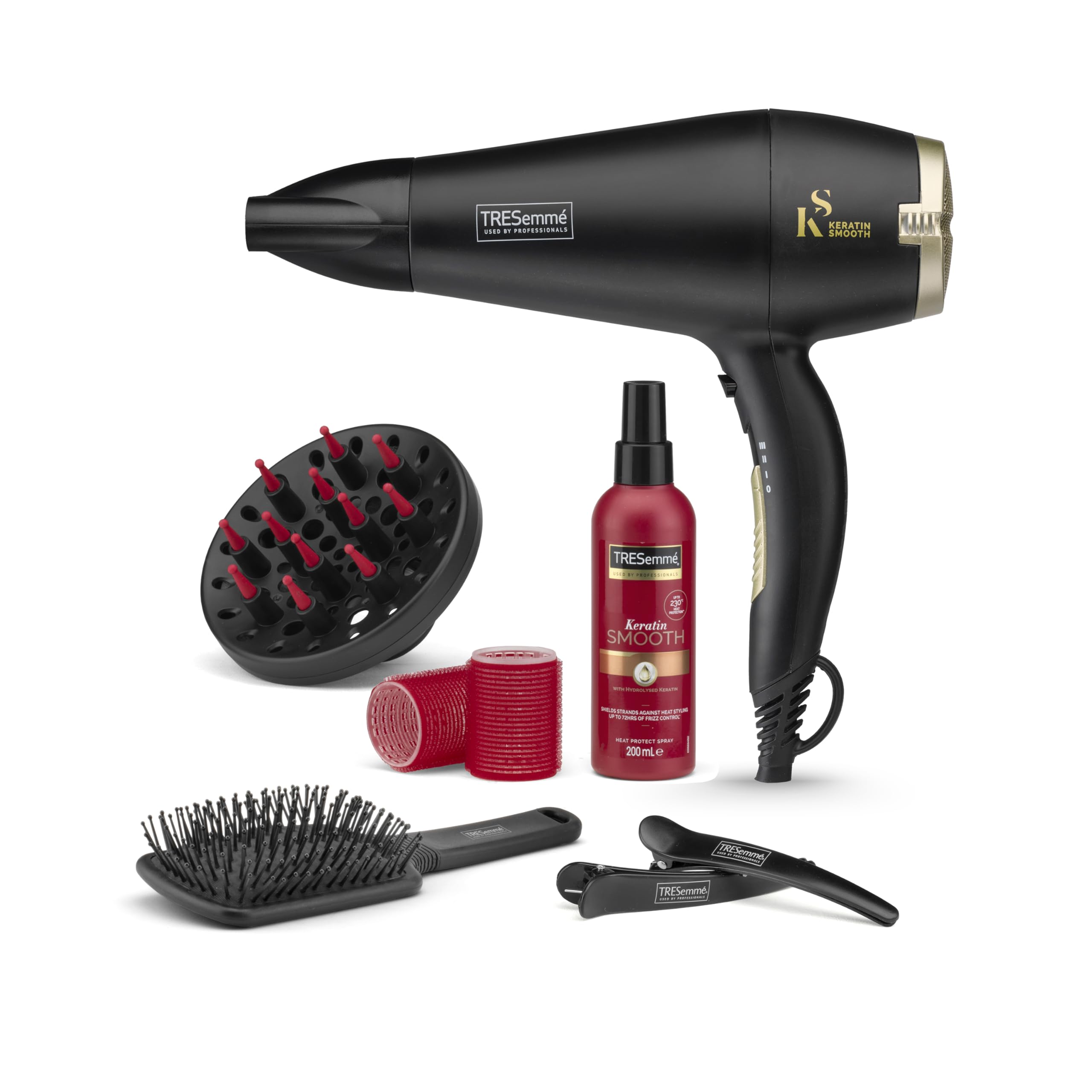 TRESemme Keratin Smooth Volume Shine Hair Dryer & Diffuser Gift Set - 2200W Powerful Blow Dryer, Heat Protection, Paddle Brush, Accessories, Black, 5543BU